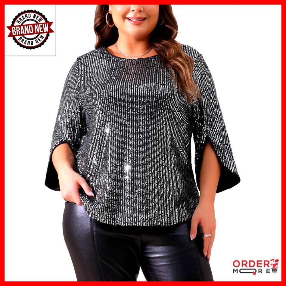 Plus Size Glitter Sequin Blouse 3/4 Slit Sleeve Party Top